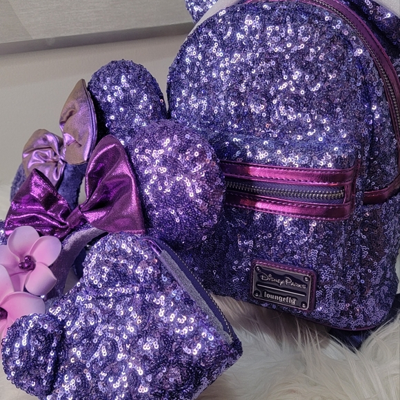 Set of 4!Purple Sequin Loungefly Backpack 2pairs of Ears&Wallet - Picture 4 of 13